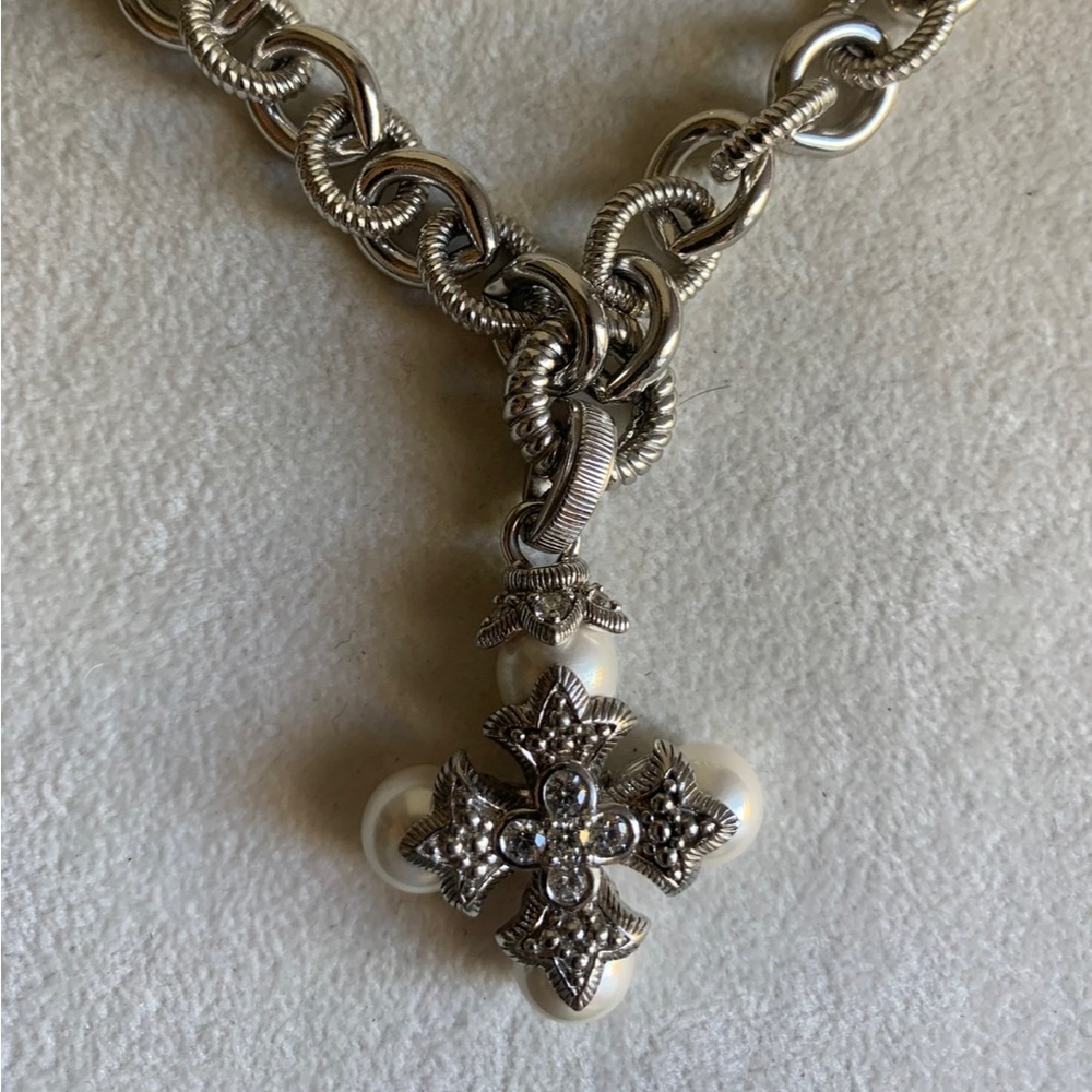 Judith Ripka Sterling & CZ Pearl Cross Necklace